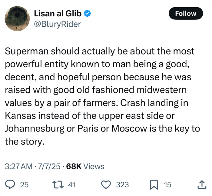 Tweet discussing Superman's character and values in relation to the woke Superman reboot criticized in reviews.