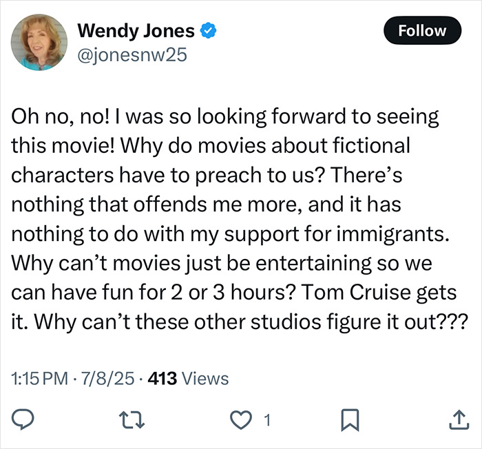 Tweet by Wendy Jones expressing disappointment over a woke Superman reboot receiving harsh early reviews and criticism.