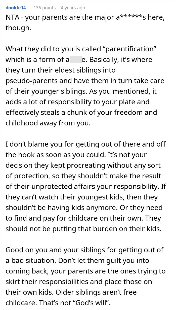 Comment explaining parentification where eldest sibling babysits younger siblings, highlighting burdens and escaping parents' demands. Comment explaining parentification where eldest sibling babysits younger siblings, highlighting burdens and escaping parents' demands.