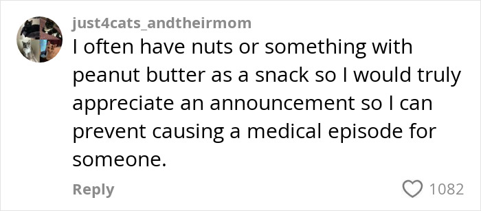 Passenger's allergy request announcement on a flight shown as a social media comment about peanut butter snacks and safety. Passenger's allergy request announcement on a flight shown as a social media comment about peanut butter snacks and safety.