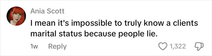 Comment by Ania Scott discussing challenges in knowing clients' marital status, reflecting on issues in the escort industry including racial discrimination.