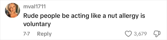 Screenshot of a social media comment discussing reactions to a passenger's allergy request announcement on a flight. Screenshot of a social media comment discussing reactions to a passenger's allergy request announcement on a flight.