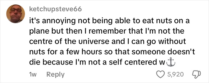 Comment on social media about passenger's allergy request announcement on a flight, discussing nut restrictions and consideration. Comment on social media about passenger's allergy request announcement on a flight, discussing nut restrictions and consideration.