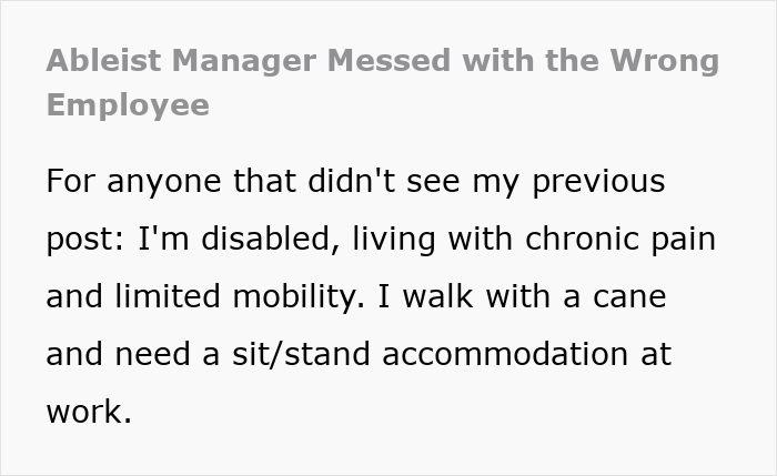 Text post about an ableist manager refusing to accommodate a disabled employee needing sit/stand work accommodations.