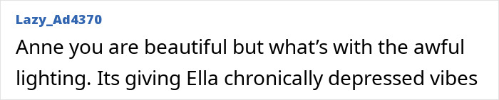 Comment criticizing Anne Hathaway's Vogue cover and photoshoot for bad lighting and negative vibes. Comment criticizing Anne Hathaway's Vogue cover and photoshoot for bad lighting and negative vibes.