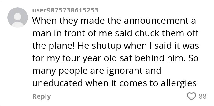 User comment discussing a passenger's allergy request announcement on a flight and public reactions to it. User comment discussing a passenger's allergy request announcement on a flight and public reactions to it.