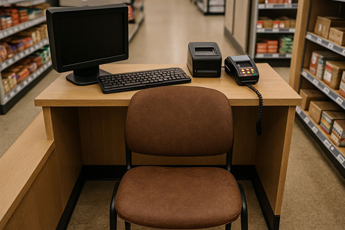 Office desk setup with computer, payment terminal, and chair highlighting ableist manager workplace issues.