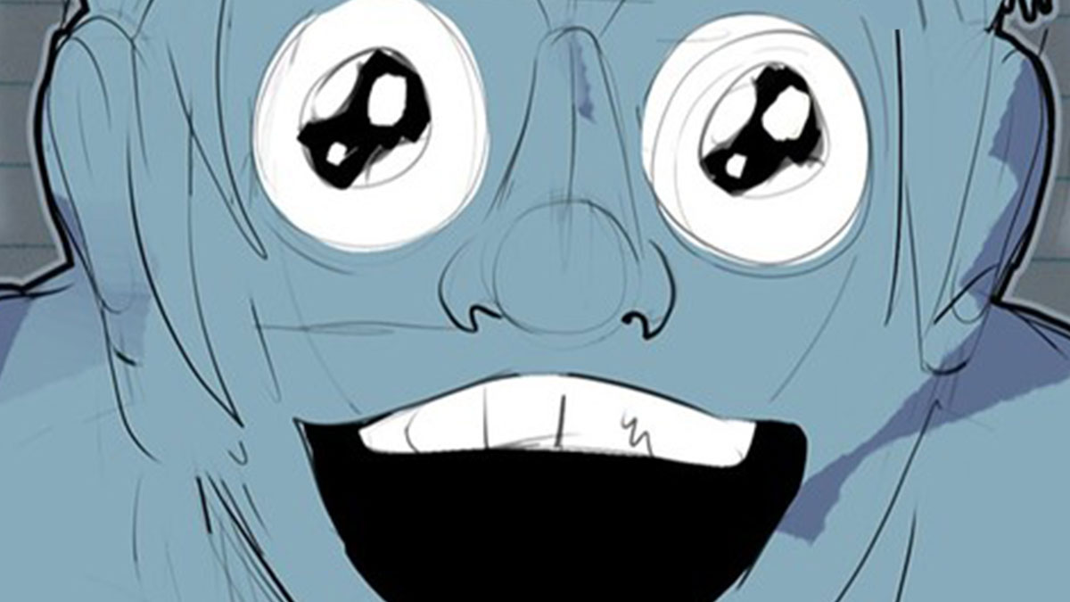 Close-up of a blue comic character with wide eyes and a big smile from Nellieu2019s Nest comics.