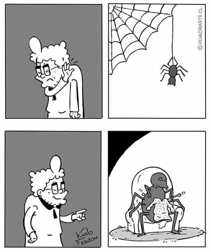 Comic series panels show a man noticing a spider and then imagining it as a king sitting on a throne without dialogue.