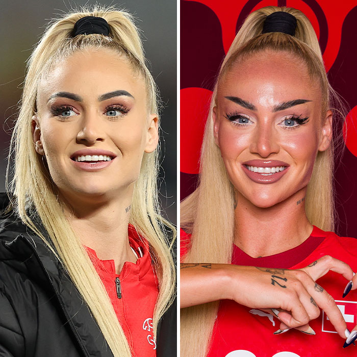 Side-by-side images of the world's prettiest footballer showing stunning transformation with long blonde hair and makeup. Side-by-side images of the world's prettiest footballer showing stunning transformation with long blonde hair and makeup.