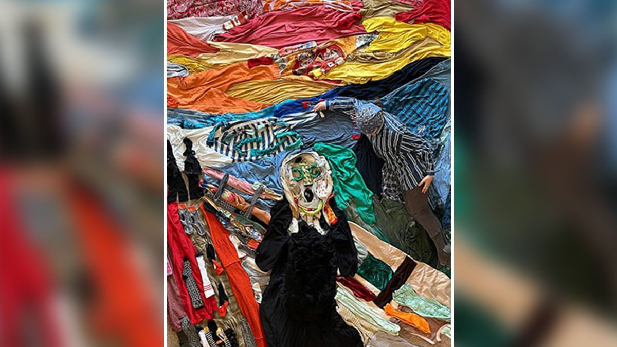 Artist recreates The Scream masterpiece using fabric and creativity with colorful clothes and detailed arrangements.
