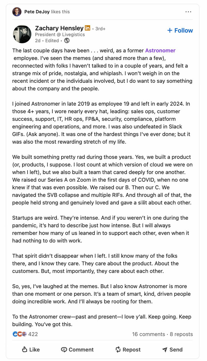 LinkedIn post by former Astronomer employee reflecting on company culture after CEO and Coldplay kiss cam controversy. LinkedIn post by former Astronomer employee reflecting on company culture after CEO and Coldplay kiss cam controversy.