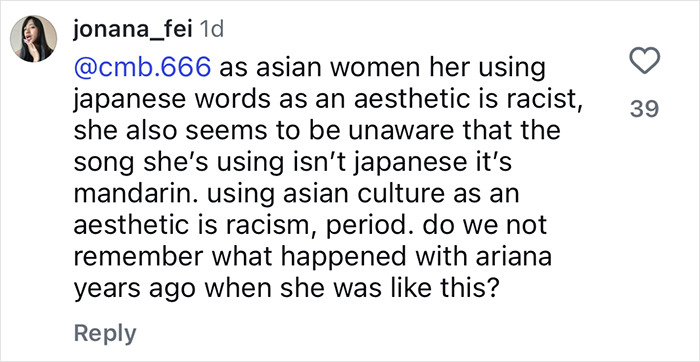 Comment criticizing Australian influencer for using Japanese culture in tone deaf posts during Japan trip, sparking racism debate. Comment criticizing Australian influencer for using Japanese culture in tone deaf posts during Japan trip, sparking racism debate.