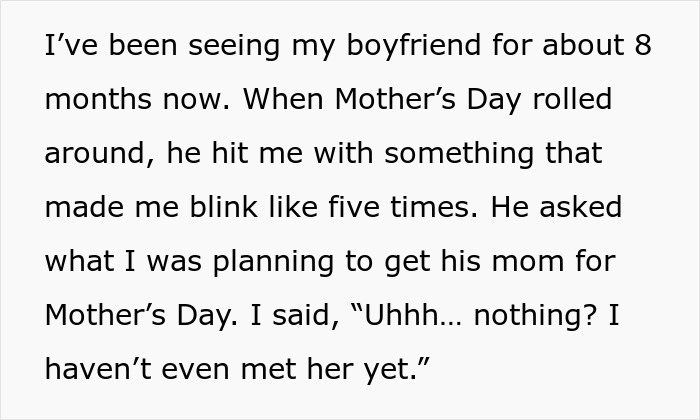 Woman shocked as man expects Mother's Day gift for his mom after 8 months of dating, revealing relationship gift expectations. Woman shocked as man expects Mother's Day gift for his mom after 8 months of dating, revealing relationship gift expectations.