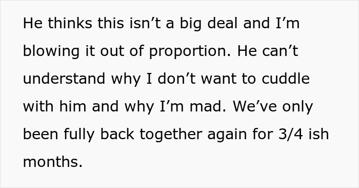 Text expressing frustration about boyfriend not understanding feelings after ex-gf bathroom phone charge incident. Text expressing frustration about boyfriend not understanding feelings after ex-gf bathroom phone charge incident.