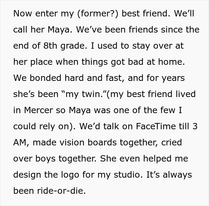 Text excerpt describing a friendship where a lady ditches her bestie for a wannabe influencer, causing conflict over studio use. Text excerpt describing a friendship where a lady ditches her bestie for a wannabe influencer, causing conflict over studio use.