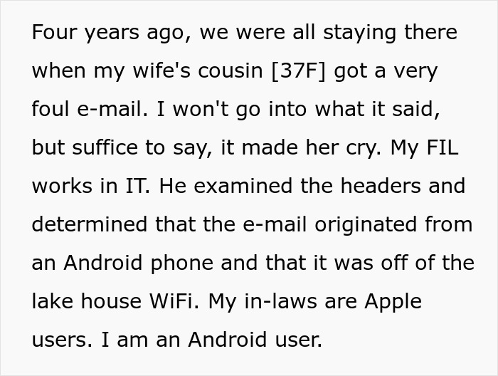 Excerpt of a false accusation involving wife and father-in-law analyzing email origins on a family lake house WiFi.