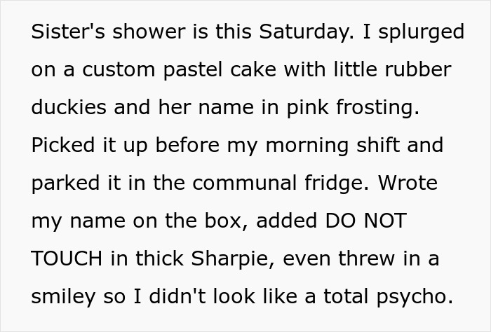 Woman’s custom baby shower cake placed in shared fridge with a DO NOT TOUCH note, risking being ruined by coworkers.