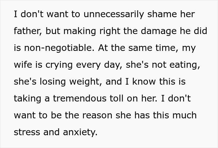 Text excerpt about a wife’s emotional struggle caused by stress and anxiety related to her father’s false accusation.