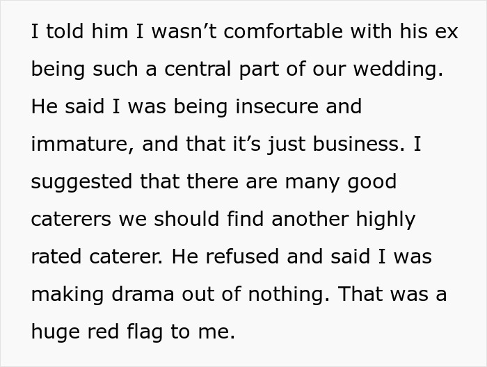 Text excerpt about bride protesting to change caterer due to groom’s ex being involved, highlighting wedding drama and refusal. Text excerpt about bride protesting to change caterer due to groom’s ex being involved, highlighting wedding drama and refusal.