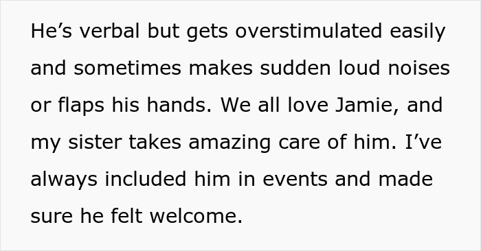 Text excerpt describing an autistic nephew who gets overstimulated and is lovingly cared for by family members. Text excerpt describing an autistic nephew who gets overstimulated and is lovingly cared for by family members.