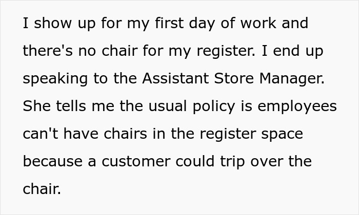 Text describing a disabled employee denied accommodation by an ableist manager refusing to provide a chair at work.