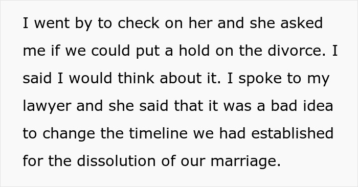 Text about wife asking to delay divorce after losing lover in crash, discussing timeline with lawyer for marriage dissolution. Text about wife asking to delay divorce after losing lover in crash, discussing timeline with lawyer for marriage dissolution.