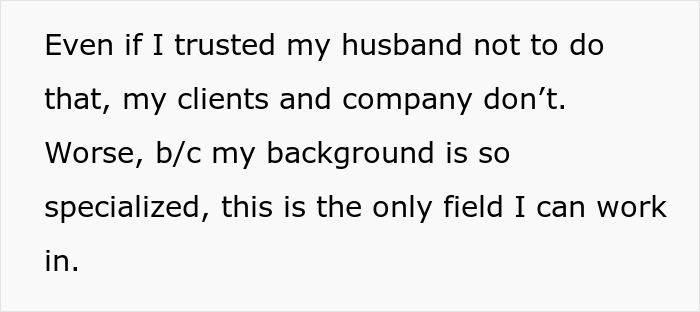 Text block displaying concern about trusting husband to turn down dream job due to specialized career field limitations. Text block displaying concern about trusting husband to turn down dream job due to specialized career field limitations.