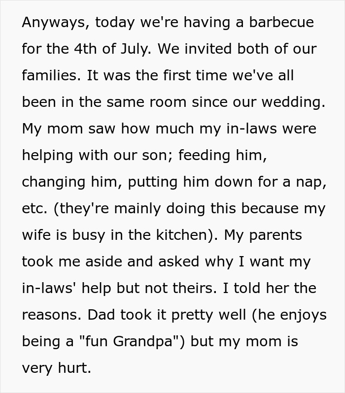 Text excerpt about a mom feeling hurt after son lets in-laws help with baby but not her due to overprotectiveness. Text excerpt about a mom feeling hurt after son lets in-laws help with baby but not her due to overprotectiveness.