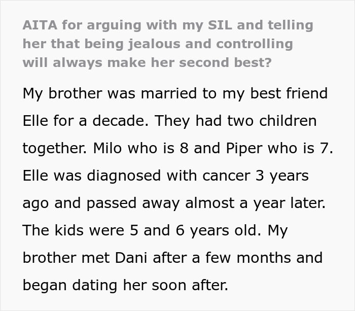 Text excerpt about a guy and new wife trying to erase late wife from kids' lives and aunt refusing to let them.