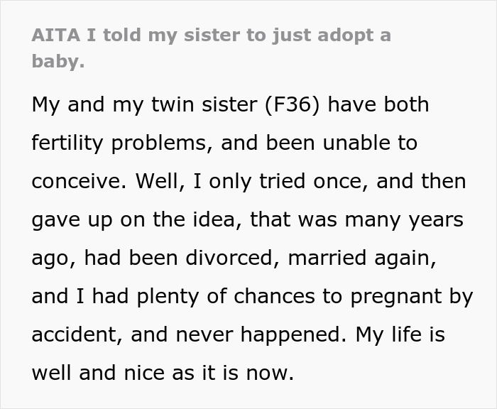 Text from a forum post discussing baby-mad woman’s fertility problems and reactions to adoption suggestions. Text from a forum post discussing baby-mad woman’s fertility problems and reactions to adoption suggestions.