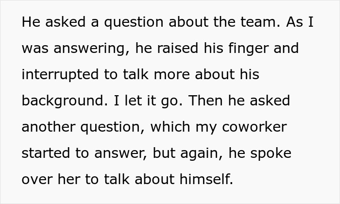 Text describing a job interview candidate who interrupts others and talks over them, risking his high chance of being hired. Text describing a job interview candidate who interrupts others and talks over them, risking his high chance of being hired.
