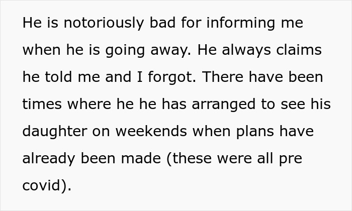 Text excerpt about a man canceling his girlfriend’s plans to go on a cycle trip instead of watching his daughter. Text excerpt about a man canceling his girlfriend’s plans to go on a cycle trip instead of watching his daughter.