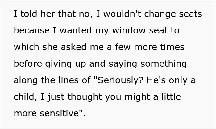 Text excerpt about a cancer survivor refusing to move plane seat, facing entitlement from a lady’s child. Text excerpt about a cancer survivor refusing to move plane seat, facing entitlement from a lady’s child.
