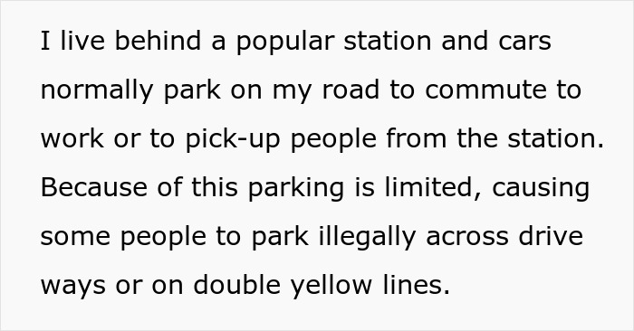 Text explaining limited parking near a popular station causing illegal parking and conflicts over private spaces. Text explaining limited parking near a popular station causing illegal parking and conflicts over private spaces.