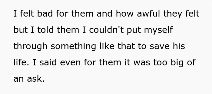 Text excerpt showing a man refusing to donate an organ to his father who made his childhood difficult. Text excerpt showing a man refusing to donate an organ to his father who made his childhood difficult.