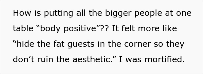Alt text: Text expressing criticism of bride’s body positive decision to seat plus-size guests at a separate Weight Watchers table Alt text: Text expressing criticism of bride’s body positive decision to seat plus-size guests at a separate Weight Watchers table