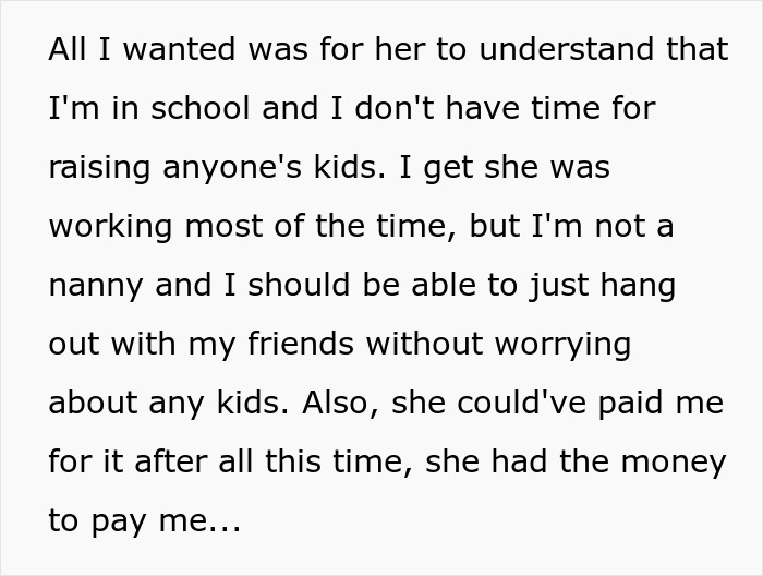 Text excerpt about a 17-year-old expressing frustration over unpaid babysitting and lack of respect from sister.