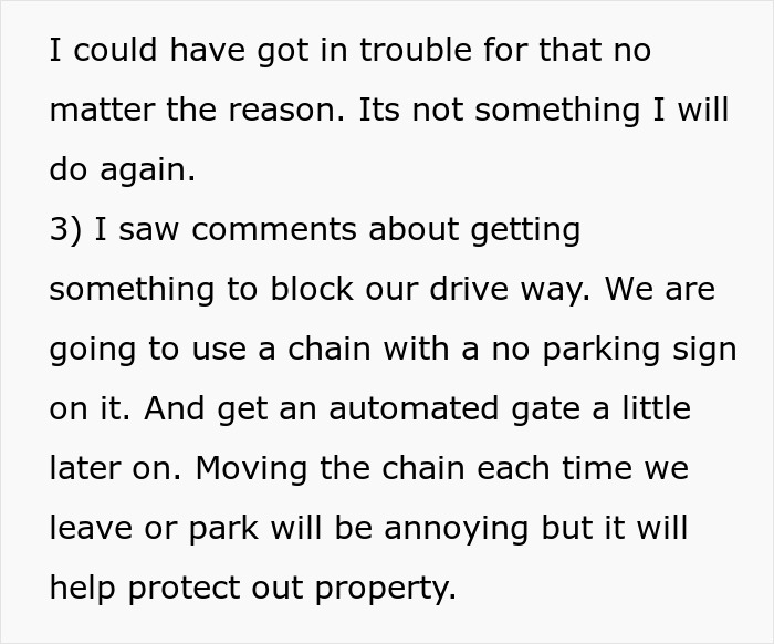 Text discussing plans to block a driveway with a chain and no parking sign to protect private property. Text discussing plans to block a driveway with a chain and no parking sign to protect private property.