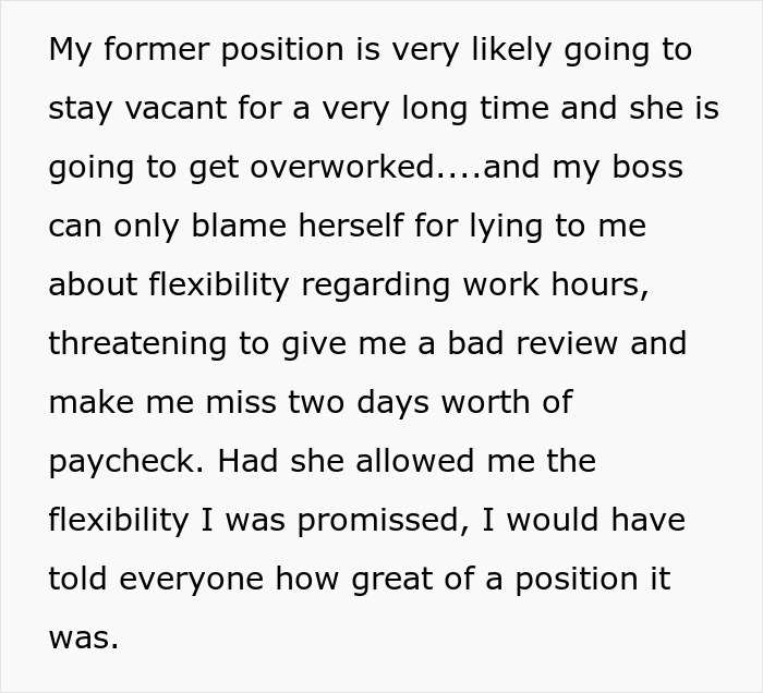 Text about employee missing two days of pay due to boss lying about work flexibility and threatening bad review. Text about employee missing two days of pay due to boss lying about work flexibility and threatening bad review.