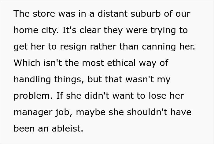 Text excerpt about an ableist manager refusing to accommodate a disabled employee and facing consequences.