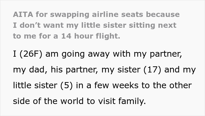 Woman sneakily swapping airline seats to avoid babysitting little sister during family trip paid by dad on a long flight. Woman sneakily swapping airline seats to avoid babysitting little sister during family trip paid by dad on a long flight.
