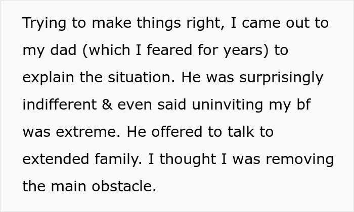 Text excerpt about a gay man addressing uninviting his partner amid a family wedding invitation conflict. Text excerpt about a gay man addressing uninviting his partner amid a family wedding invitation conflict.