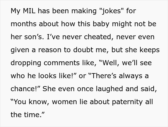 Text excerpt about delivery room baby DNA doubts with mother-in-law joking about paternity despite no reason for doubt.
