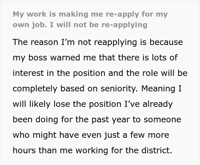 Text discussing work making employee consider reapplying for position due to seniority and job competition concerns. Text discussing work making employee consider reapplying for position due to seniority and job competition concerns.