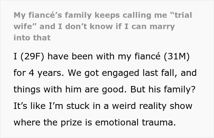 Text excerpt about fiancé’s family calling her trial wife and emotional trauma in engagement. Text excerpt about fiancé’s family calling her trial wife and emotional trauma in engagement.