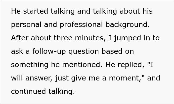Text passage describing a job interview where the candidate talks extensively and misses a key chance to impress. Text passage describing a job interview where the candidate talks extensively and misses a key chance to impress.