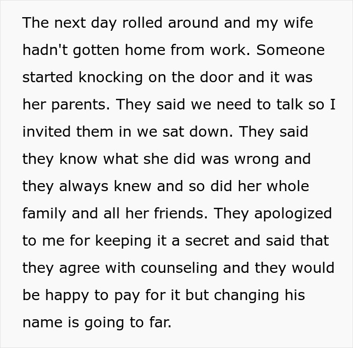 Text excerpt discussing a husband feeling sick after realizing who their son is named after and family confrontation. Text excerpt discussing a husband feeling sick after realizing who their son is named after and family confrontation.