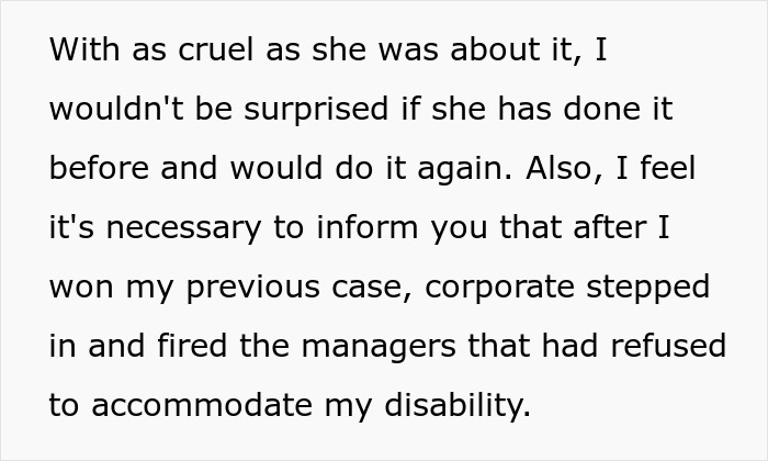 Text excerpt describing an ableist manager refusing to accommodate a disabled employee and facing consequences for it.