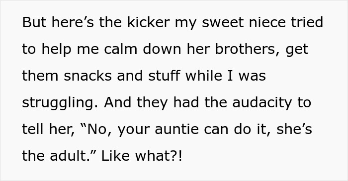Text screenshot showing a person describing family drama involving a pregnant lady refusing to babysit niblings. Text screenshot showing a person describing family drama involving a pregnant lady refusing to babysit niblings.